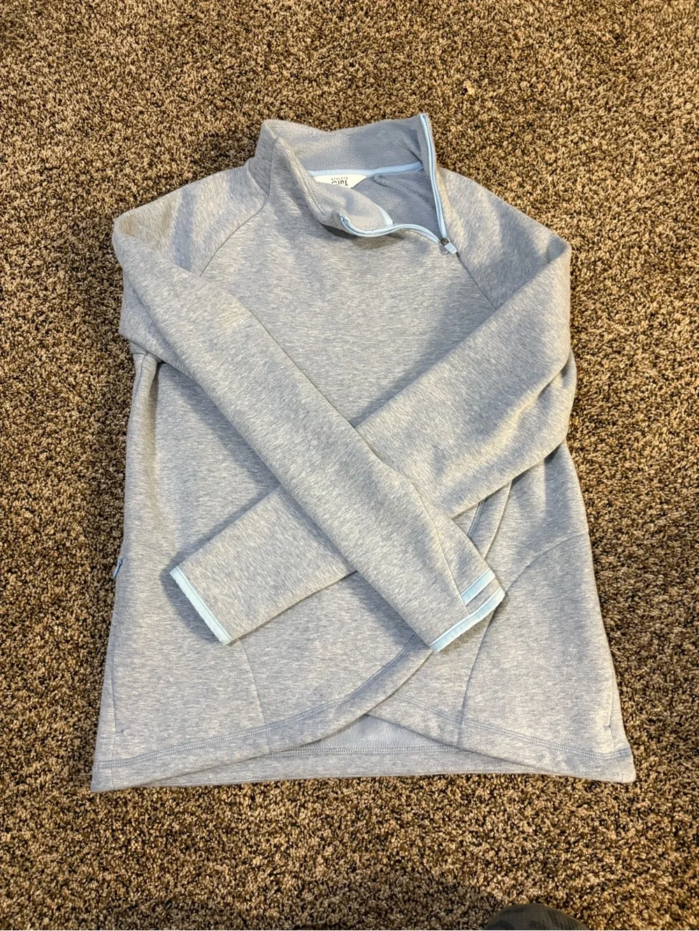 Athleta Heather Gray Quarter-Zip Pullover with Pale Blue Trim